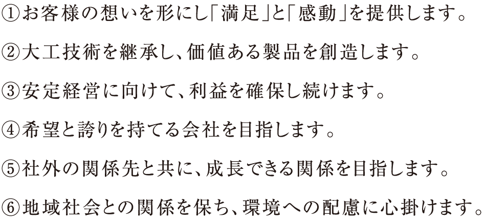 1.お客様の想いを形にし「満足」と「感動」を提供します。2.大工技術を継承し、価値ある製品を創造します。3.安定経営に向けて、利益を確保し続けます。4.希望と誇りを持てる会社を目指します。5.社外の関係先と共に、成長できる関係を目指します。6.地域社会との関係を保ち、環境への配慮に心掛けます。